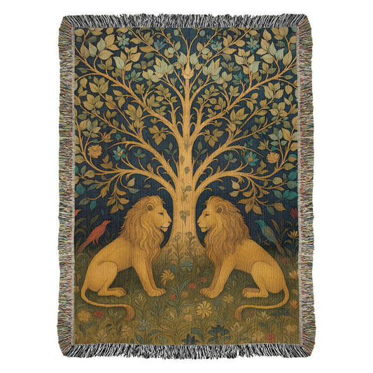 100% Cotton Woven Blanket – Majestic Lions under Forest Tree Gazing at One Another