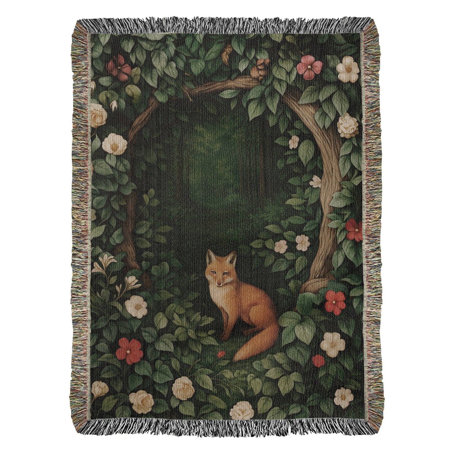 Cotton Woven Blanket – Woodland Fox among Leaves and Flowers
