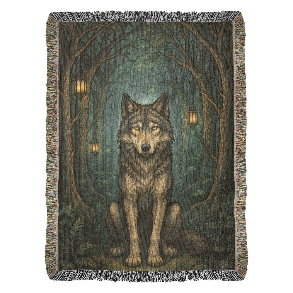 Woven Cotton Blanket – Serene Wolf in Forest under Lantern-Illuminated Trees