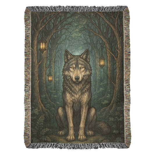 Woven Cotton Blanket – Serene Wolf in Forest under Lantern-Illuminated Trees