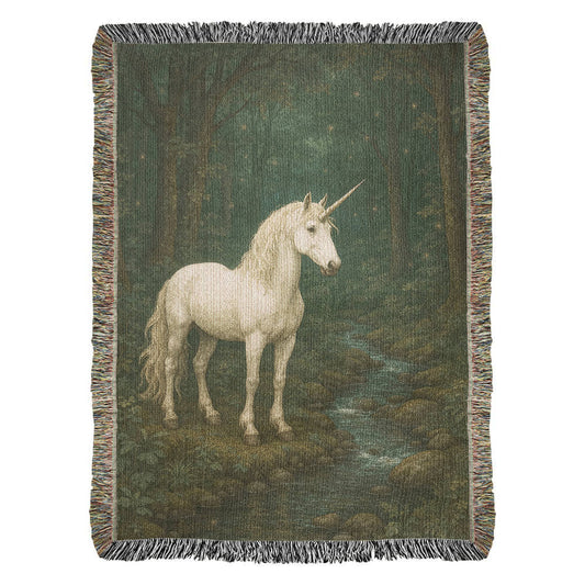 Premium Woven Cotton Throw – Unicorn in Dark Forest by Quiet Stream