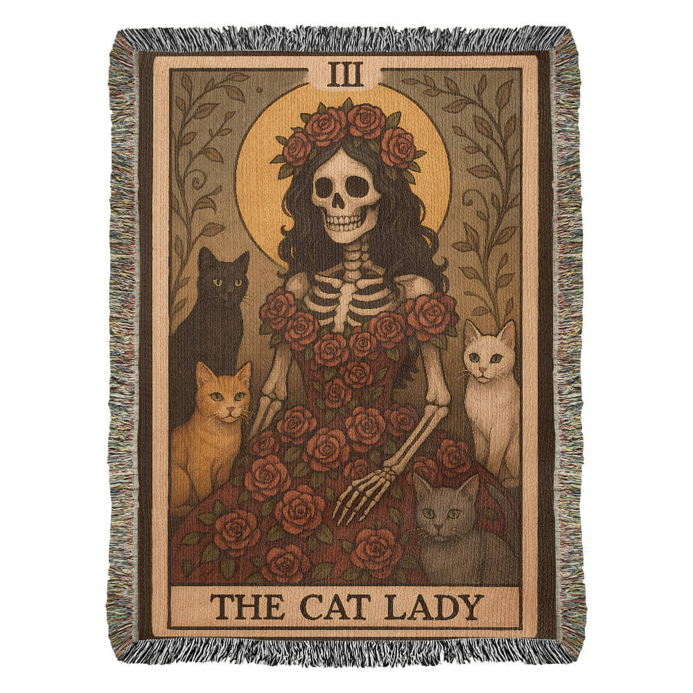 100% Cotton Woven Blanket – Gothic Skeleton Cat Lady Wearing Red Roses Gown with Four Cats, The Cat Lady Card Style