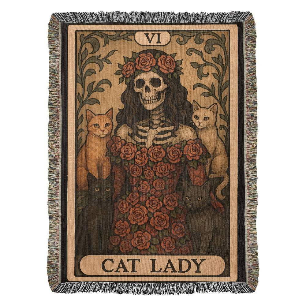 100% Cotton Woven Blanket – Gothic Skeleton Cat Lady Wearing Red Roses Gown with Four Cats, Cat Lady Card Style