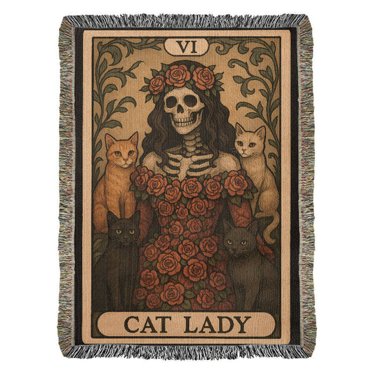 100% Cotton Woven Blanket – Gothic Skeleton Cat Lady Wearing Red Roses Gown with Four Cats, Cat Lady Card Style