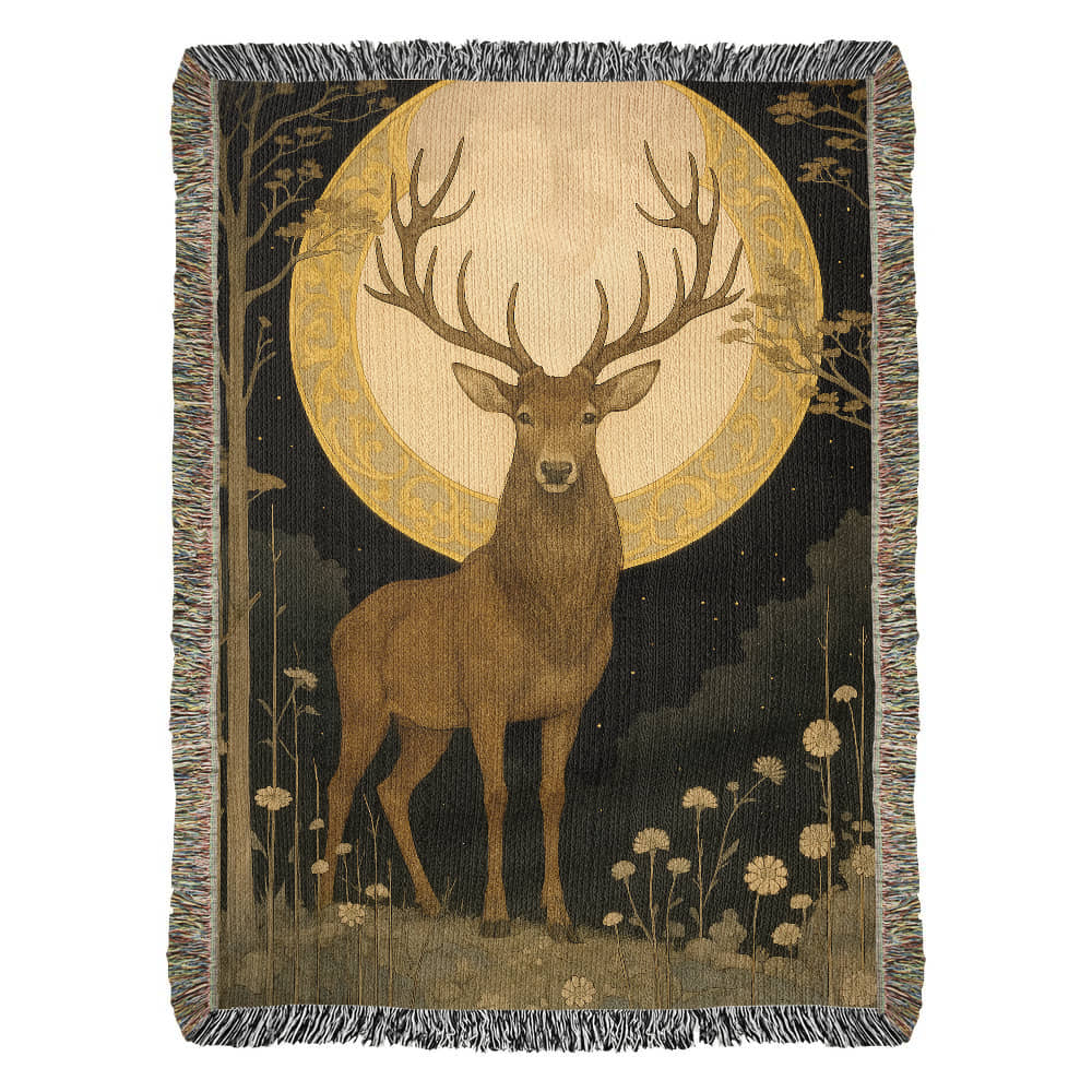 100% Cotton Woven Blanket – Majestic Deer on Night Meadow under Full Moon