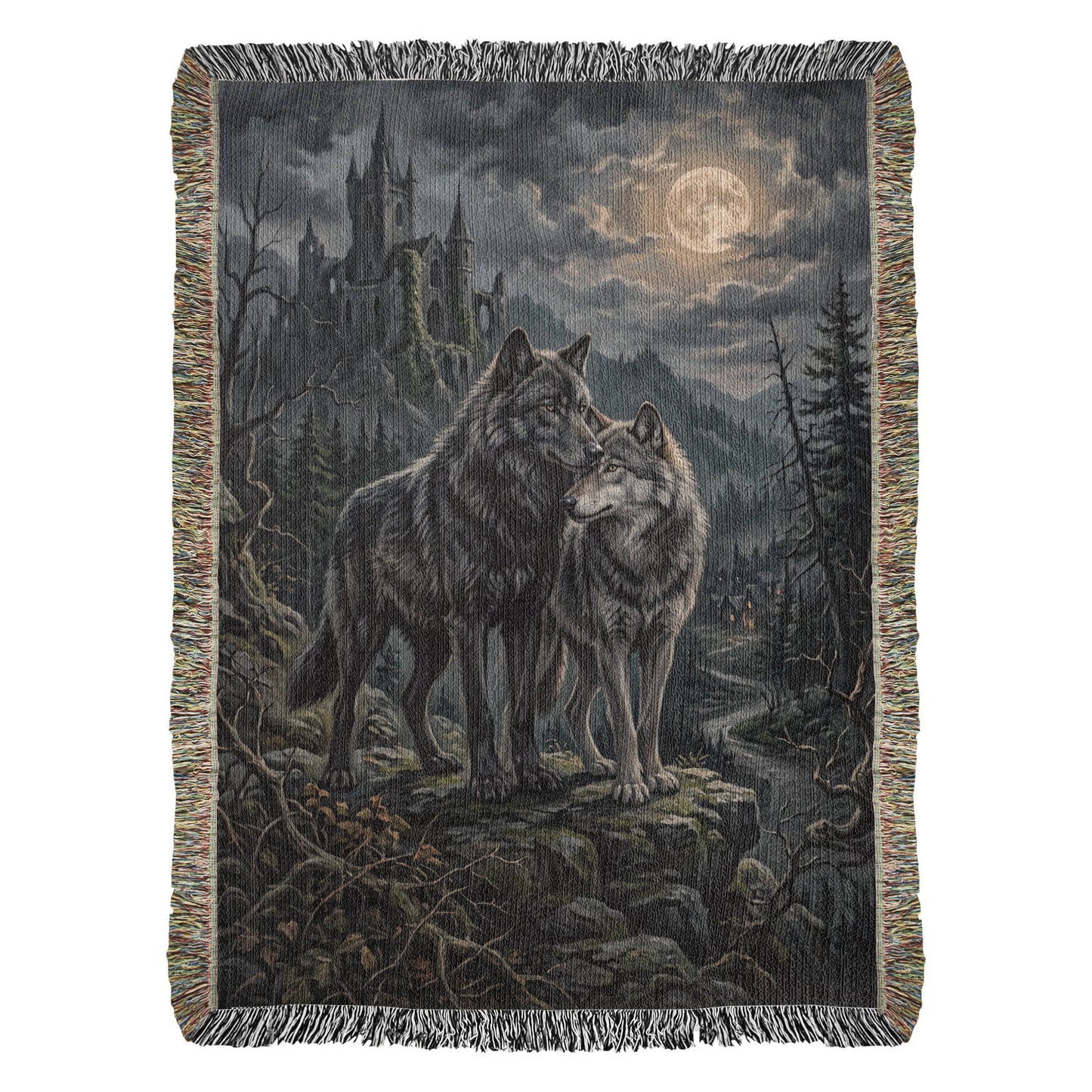 100% Cotton Woven Blanket – Gothic Wolf Couple on Cliff under Moon, Castle Village Scene, Dark Romantic Decor
