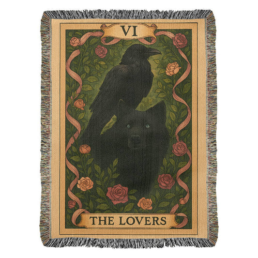 100% Cotton Woven Blanket – Mystic Black Wolf and Raven on Grass & Flowers, The Lovers Card VI