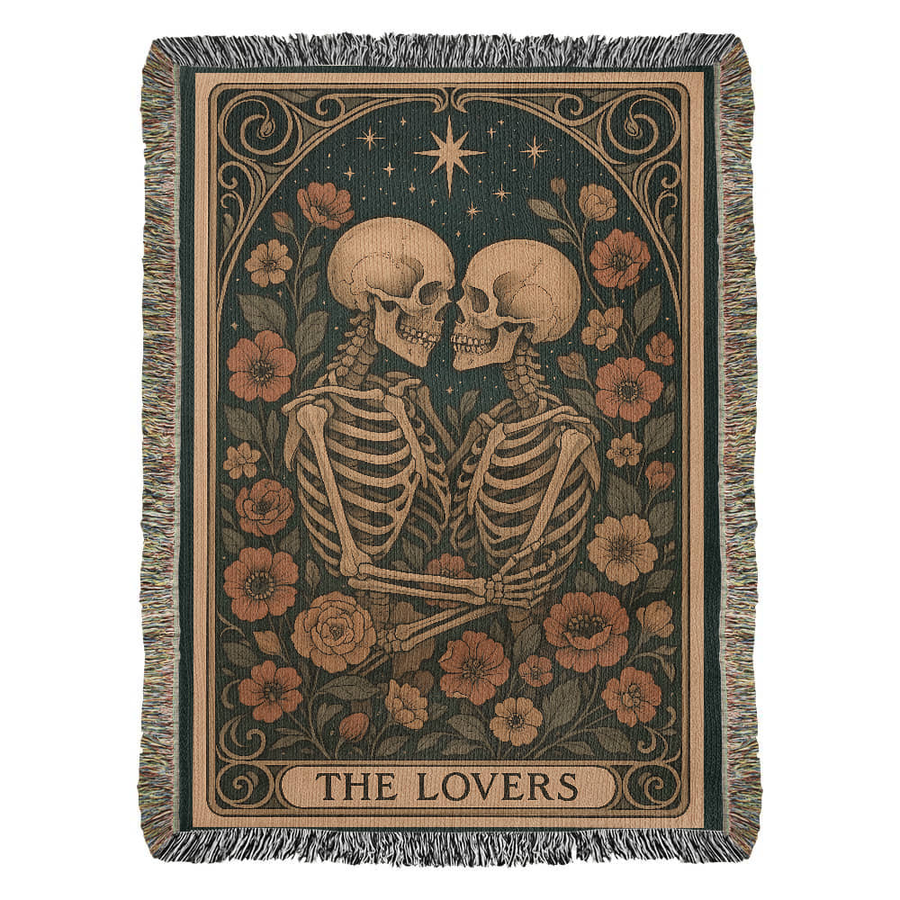 Woven Cotton Blanket – Enchanted Skeleton Couple in Floral Starry Scene, The Lovers Artwork