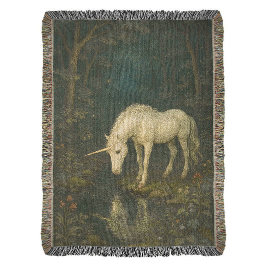 Heirloom Woven Cotton Blanket – Magical Night Forest Scene with Unicorn near Stream