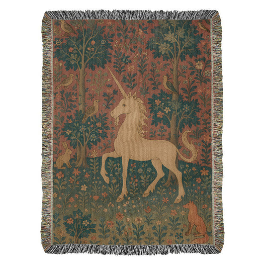 Premium Woven Cotton Throw – Enchanted Forest Unicorn and Fox Surrounded by Birds and Blossoms
