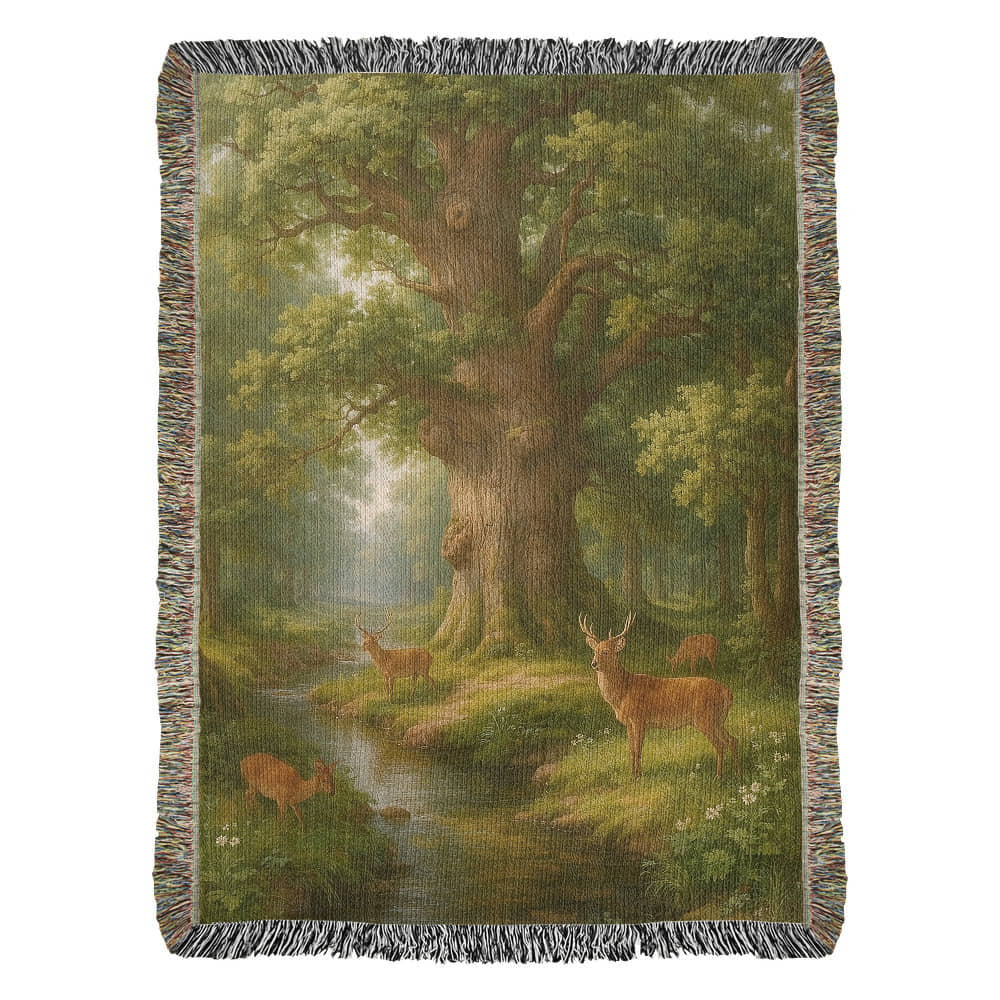 Premium Woven Cotton Throw – Deer Gathering at Stream under Towering Tree