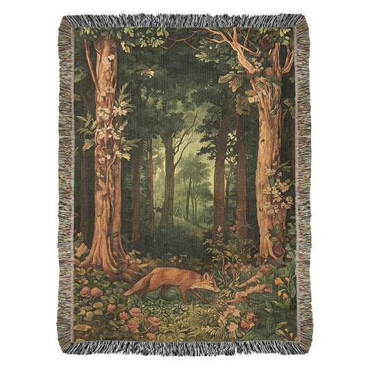 100% Cotton Woven Blanket – Enchanted Fox on Flowered Clearing in Woodland