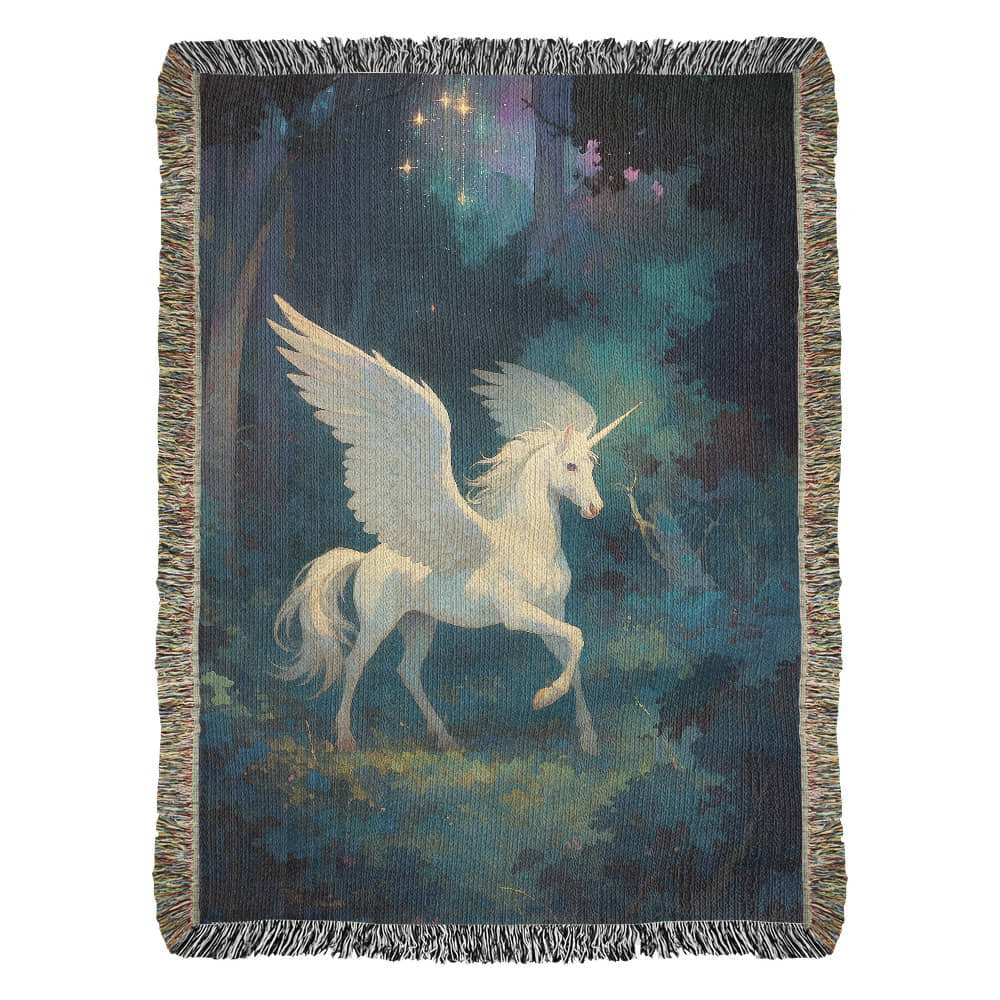 100% Cotton Woven Blanket – Magical White Alicorn among Woodland Trees