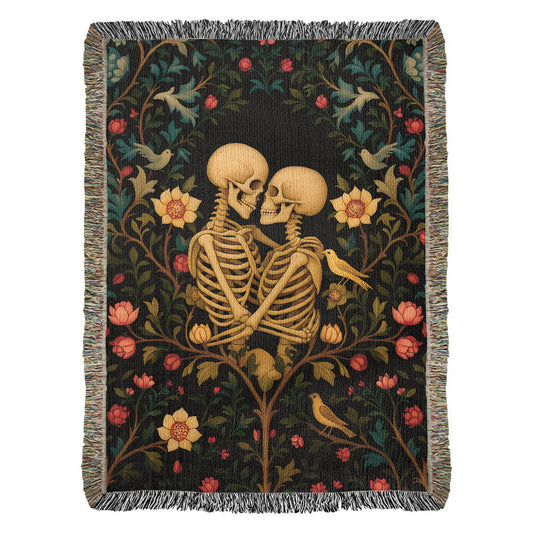 Premium Woven Cotton Throw – Skeleton Lovers in Enchanted Floral Border