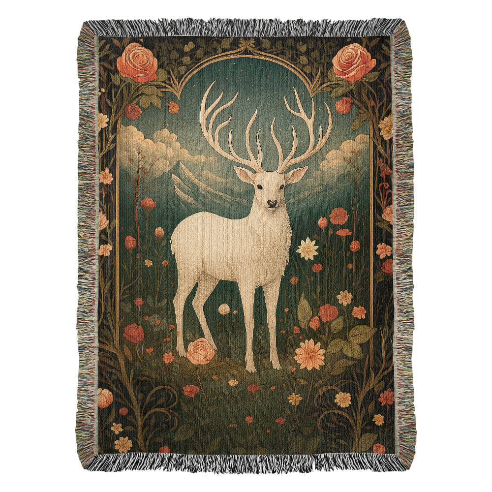 100% Cotton Woven Blanket – Enchanted White Deer with Mountain Clouds and Floral Accents