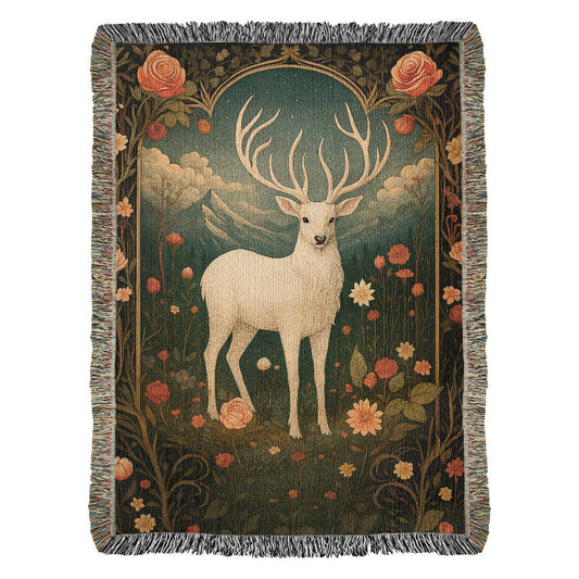 100% Cotton Woven Blanket – Enchanted White Deer with Mountain Clouds and Floral Accents
