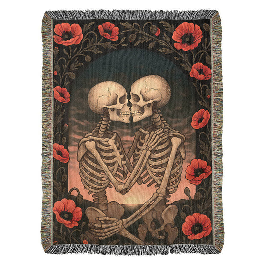 Woven Cotton Blanket – Enchanted Skeleton Couple in Poppy Flowers at Sunset