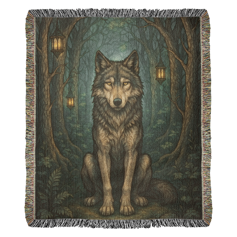 Woven Cotton Blanket – Serene Wolf in Forest under Lantern-Illuminated Trees