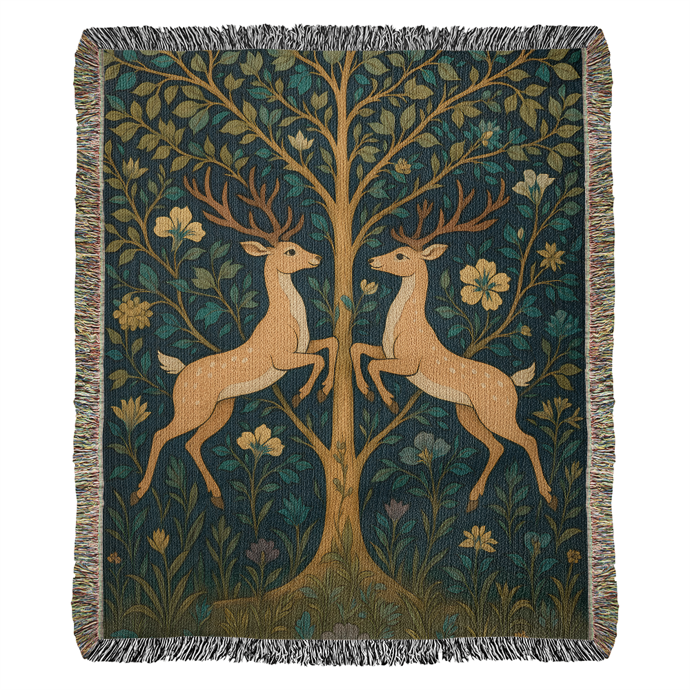 Premium Woven Cotton Throw – Fantasy Deer Duo Rearing Face to Face under Enchanted Tree
