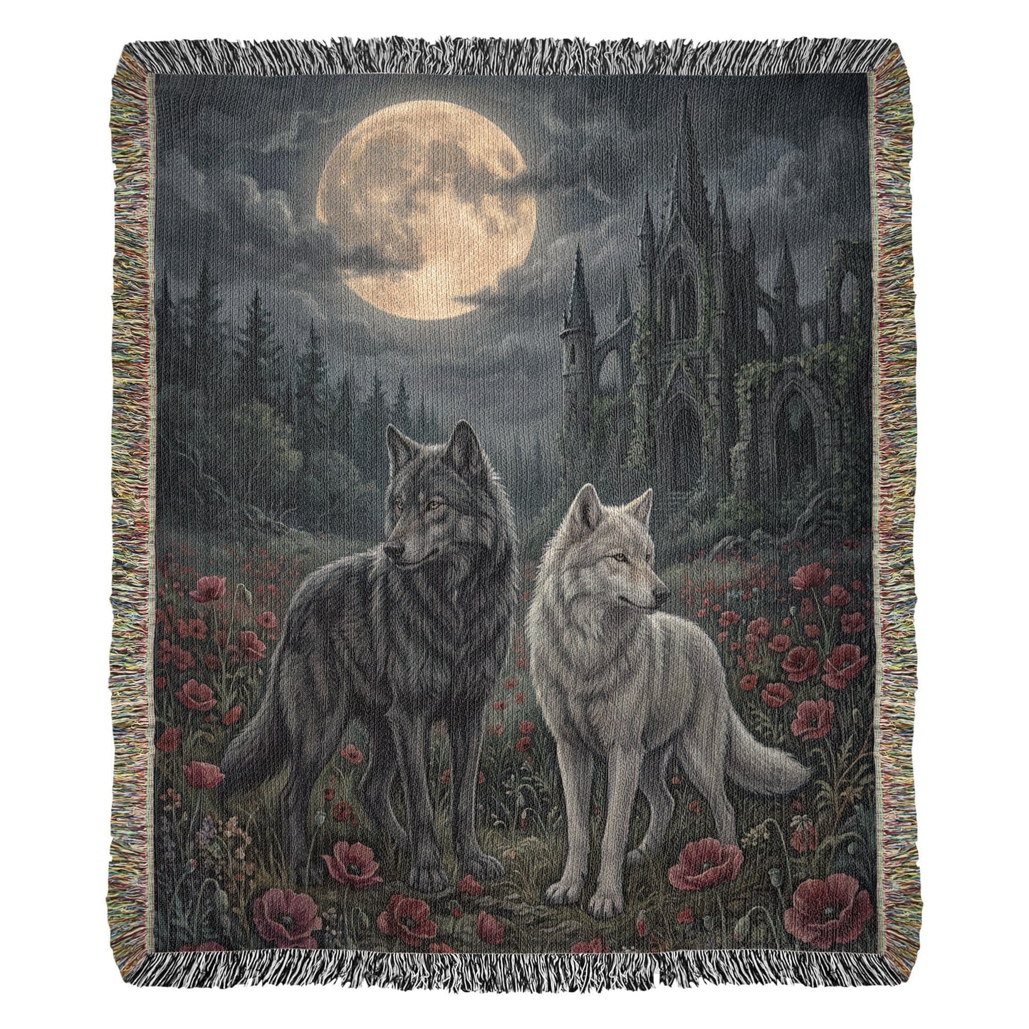 Cotton Woven Blanket – Gothic Wolf Couple in Poppy Field under Moon