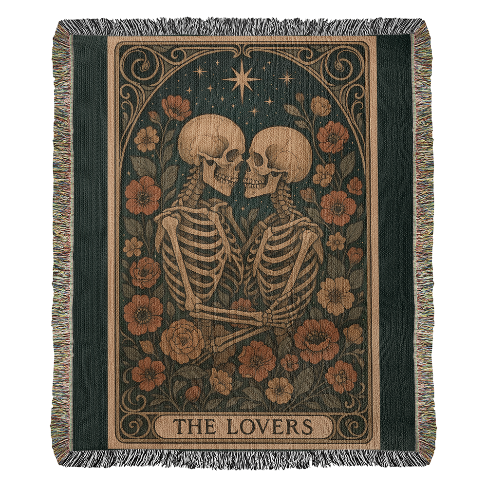 Woven Cotton Blanket – Enchanted Skeleton Couple in Floral Starry Scene, The Lovers Artwork