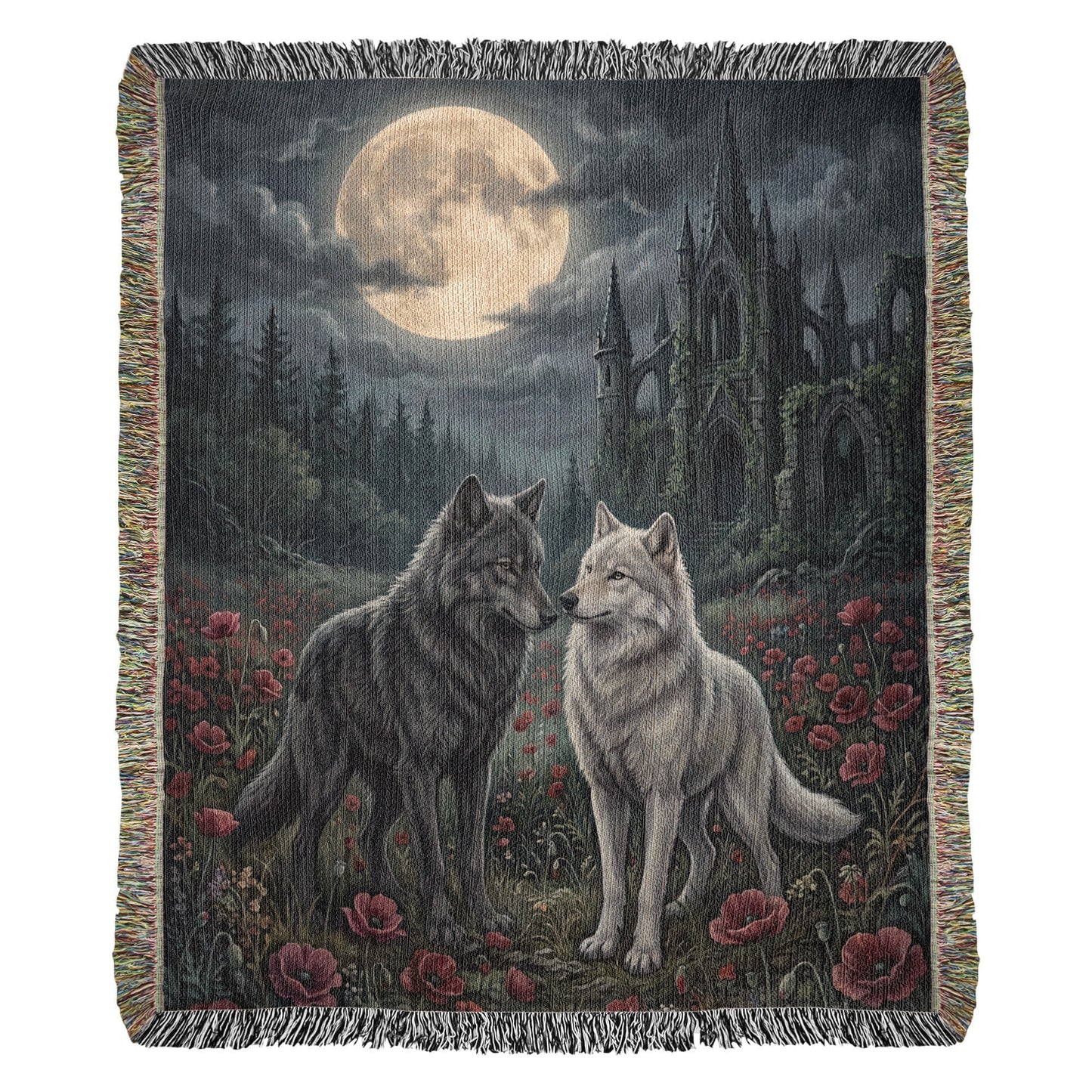 Gothic Wolf Couple Woven Blanket – Moonlit Castle, Poppy Field Tapestry