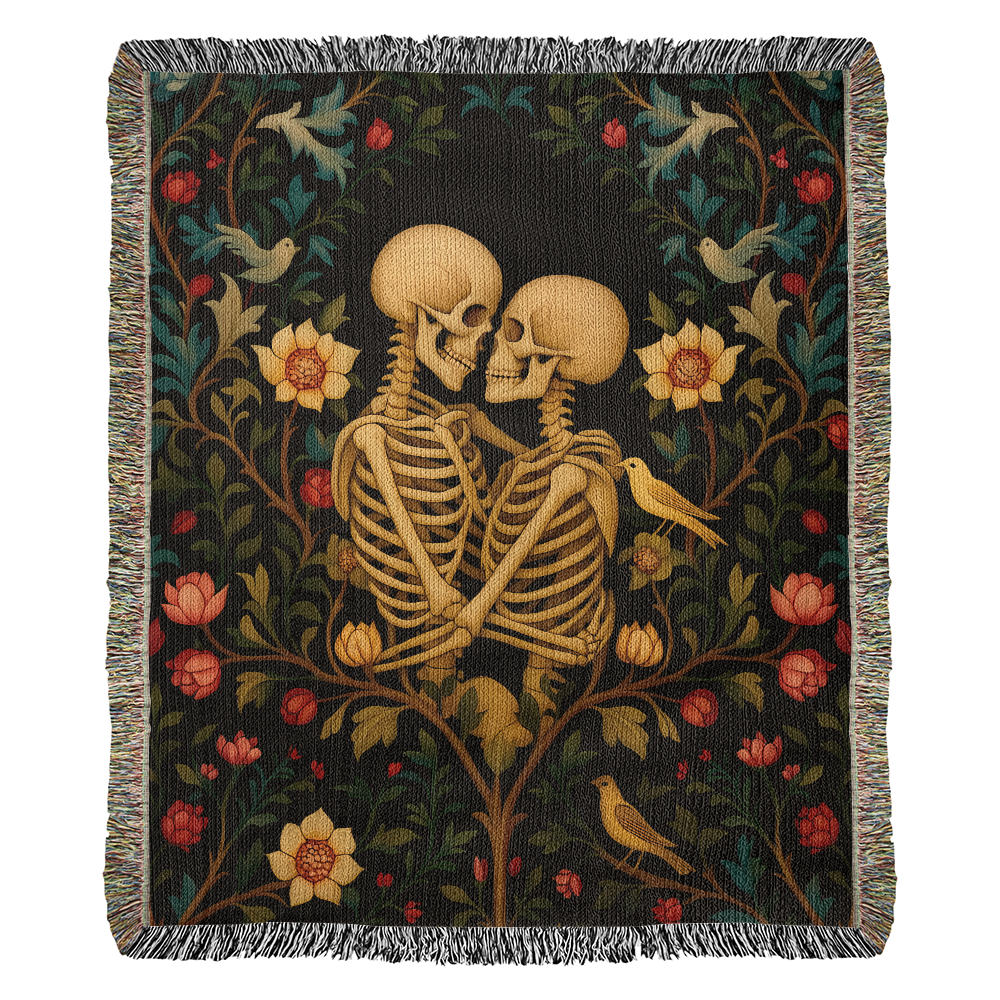 Premium Woven Cotton Throw – Skeleton Lovers in Enchanted Floral Border