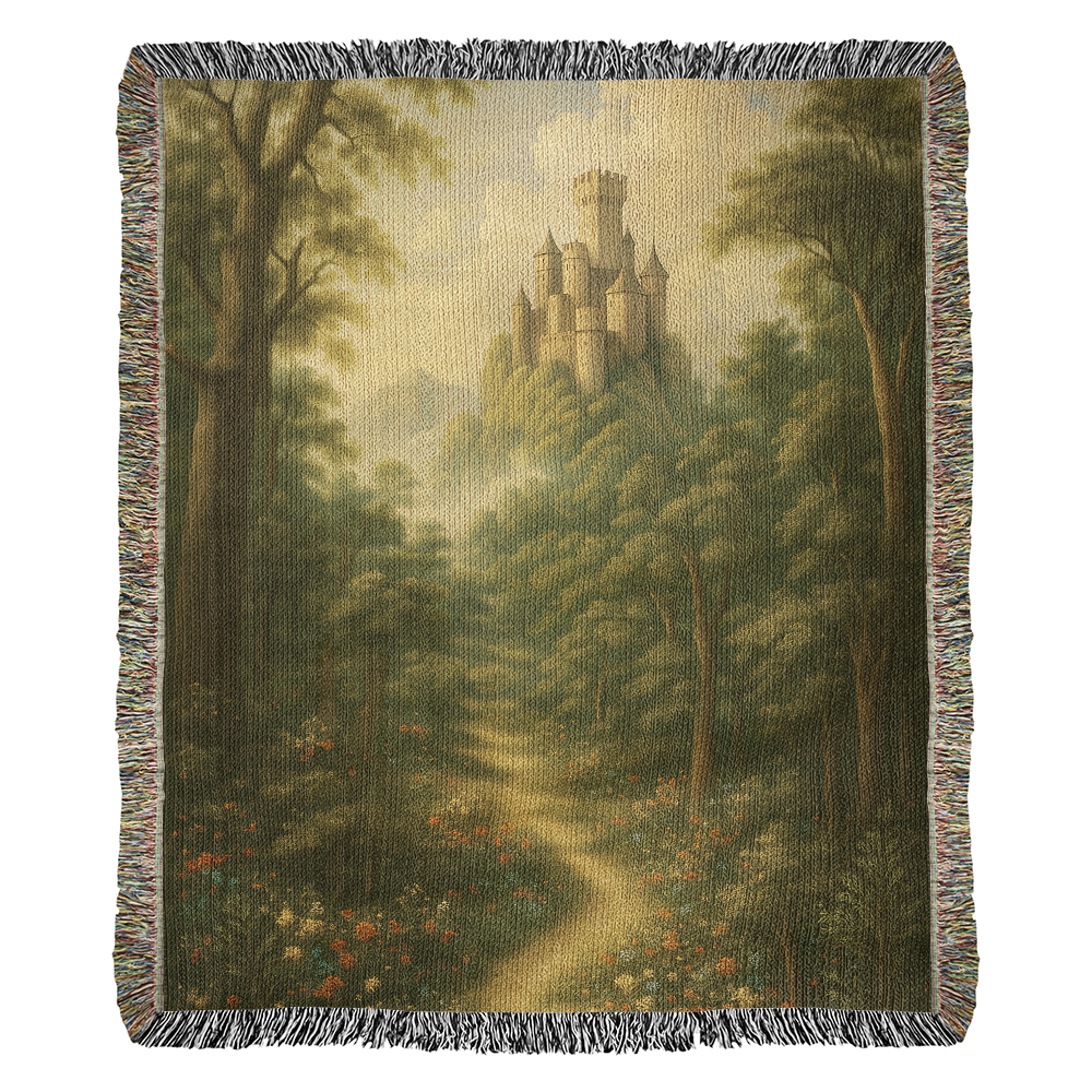 Premium Woven Cotton Throw – Fantasy Castle Rising above Trees on Hill