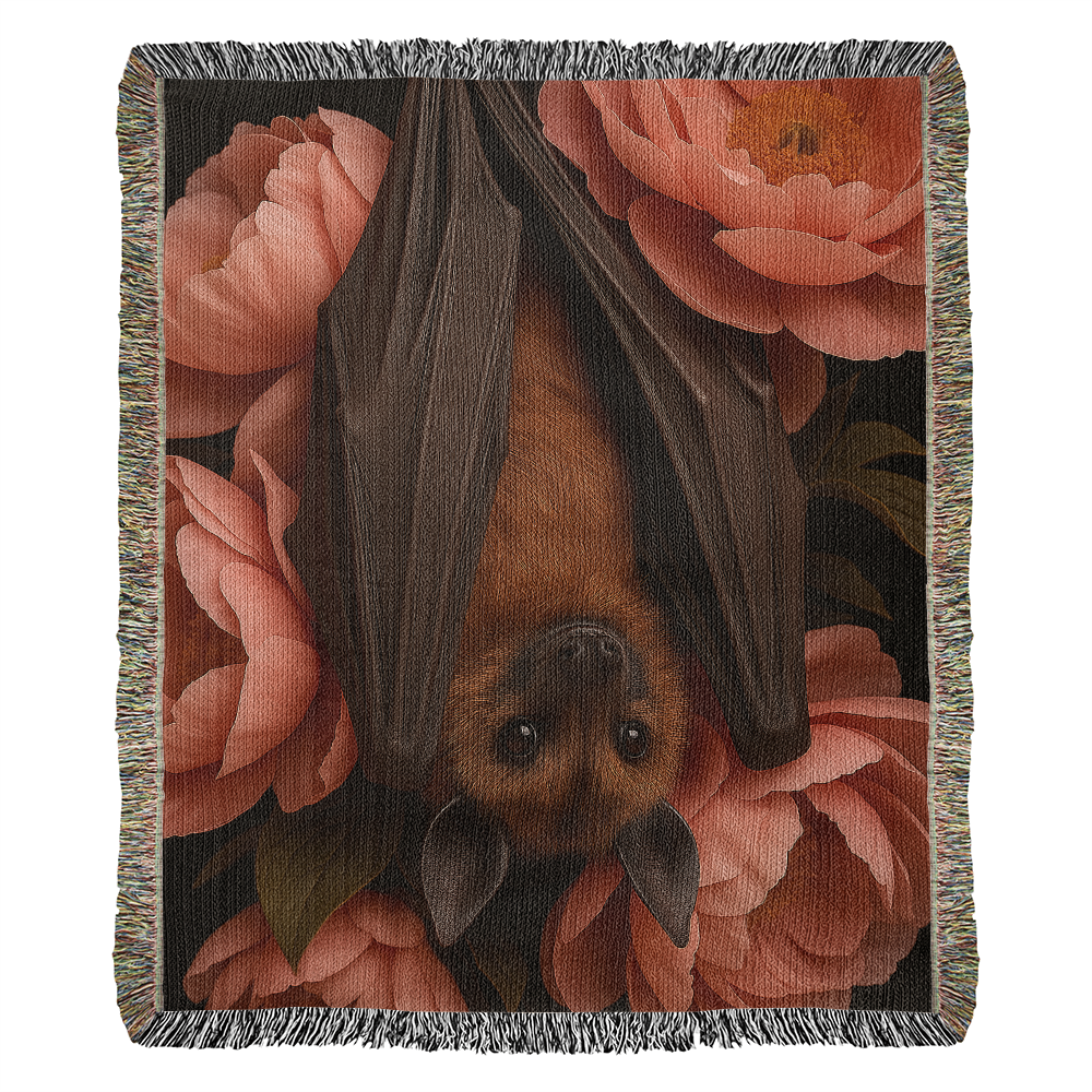 Premium Woven Cotton Throw – Bat Nestled among Vibrant Flowers