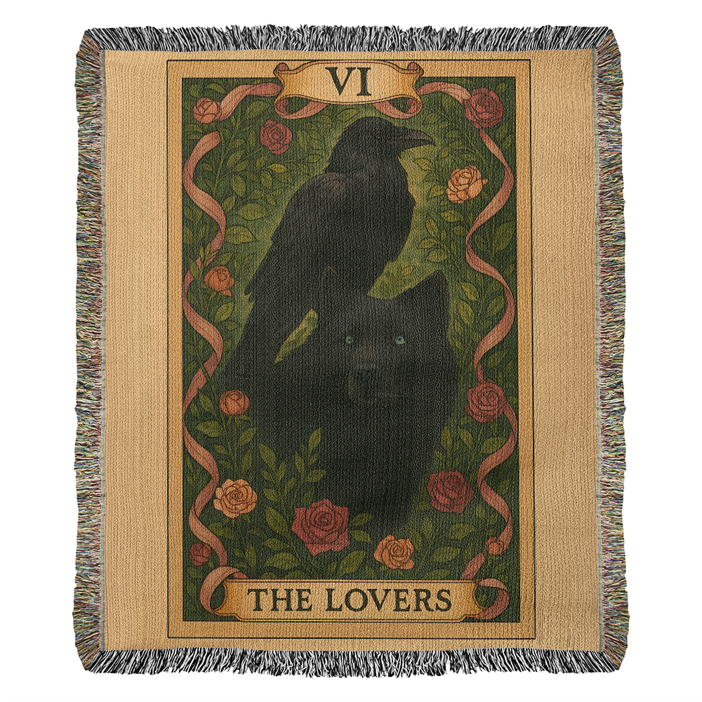 100% Cotton Woven Blanket – Mystic Black Wolf and Raven on Grass & Flowers, The Lovers Card VI