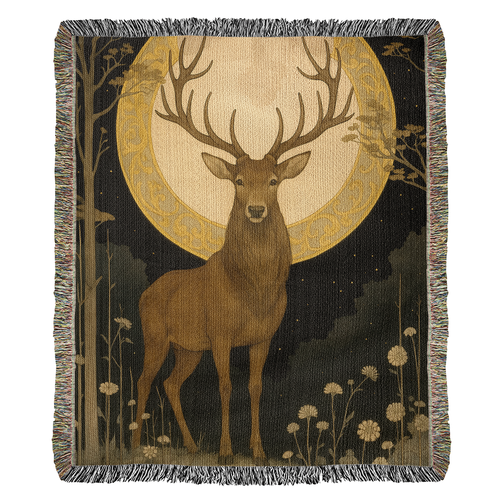 100% Cotton Woven Blanket – Majestic Deer on Night Meadow under Full Moon