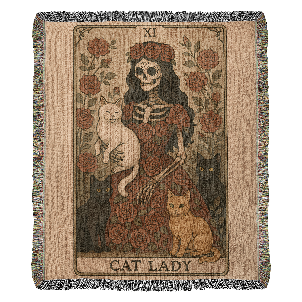 Premium Woven Cotton Throw – Skeleton Cat Lady Dressed in Red Roses with Four Cats, “Cat Lady” Card Artwork