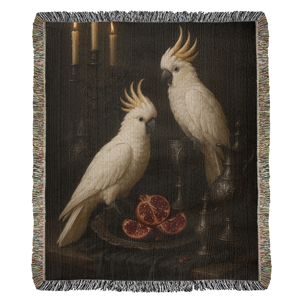 100% Cotton Woven Blanket – White Parrots on Table with Two Halved Pomegranates, Bronze Cup and Jug