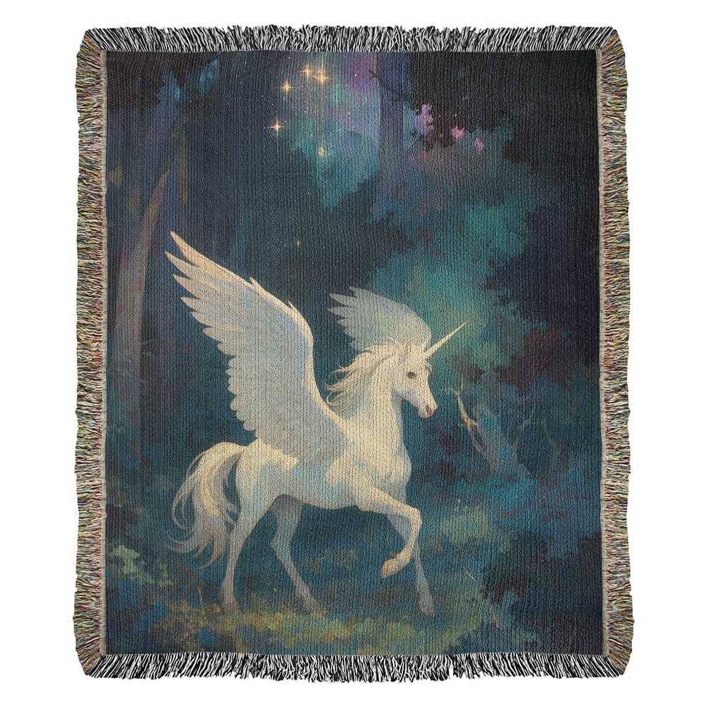 100% Cotton Woven Blanket – Magical White Alicorn among Woodland Trees