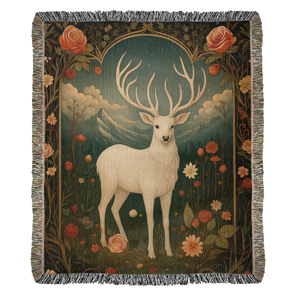 100% Cotton Woven Blanket – Enchanted White Deer with Mountain Clouds and Floral Accents