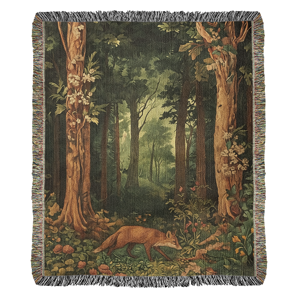 100% Cotton Woven Blanket – Enchanted Fox on Flowered Clearing in Woodland
