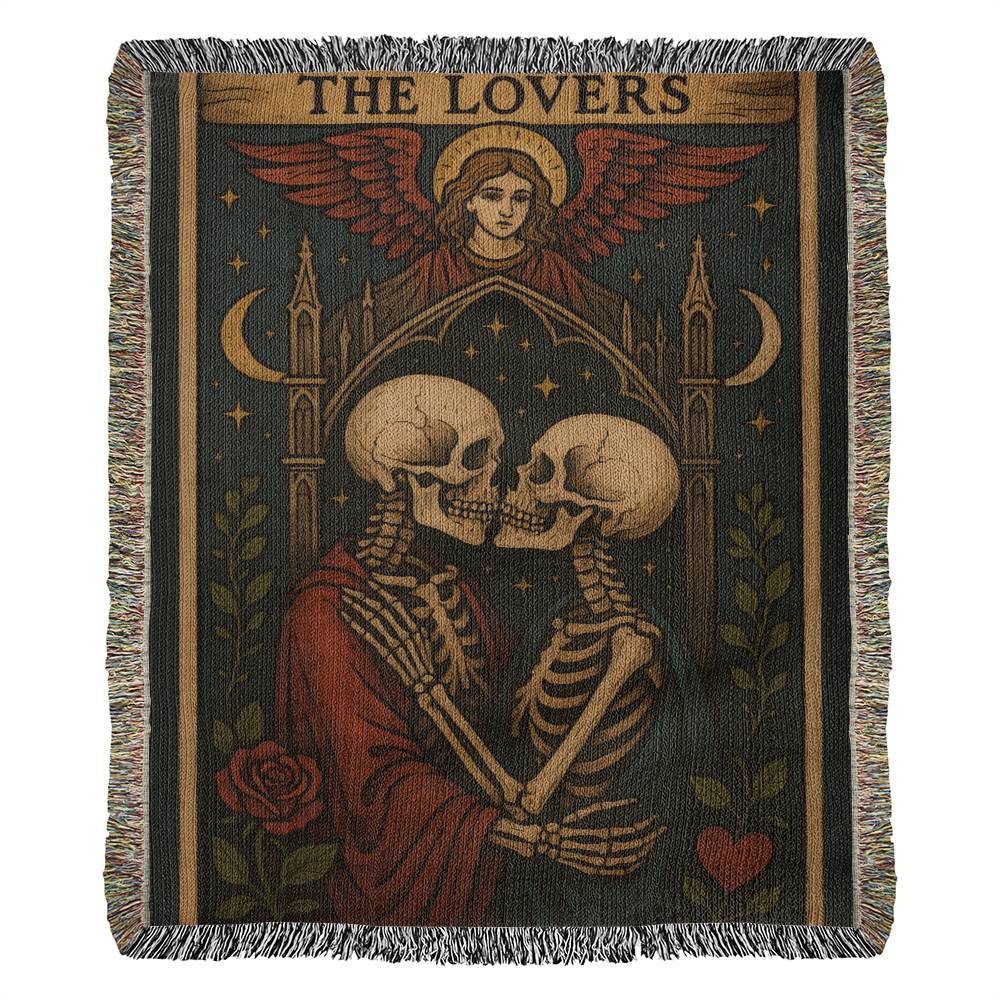 100% Cotton Woven Blanket – Gothic Skeleton Couple under Moon and Stars with Winged Angel, The Lovers Tarot Style