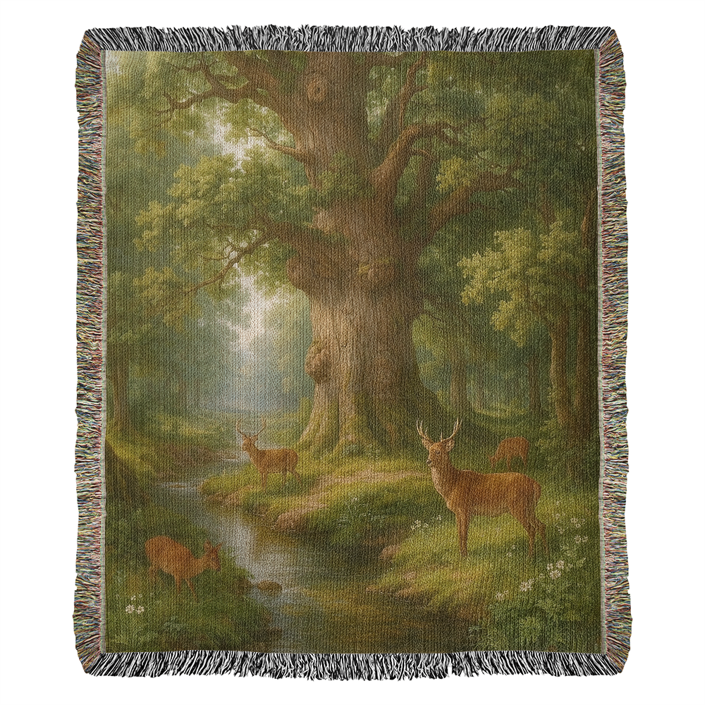 Premium Woven Cotton Throw – Deer Gathering at Stream under Towering Tree