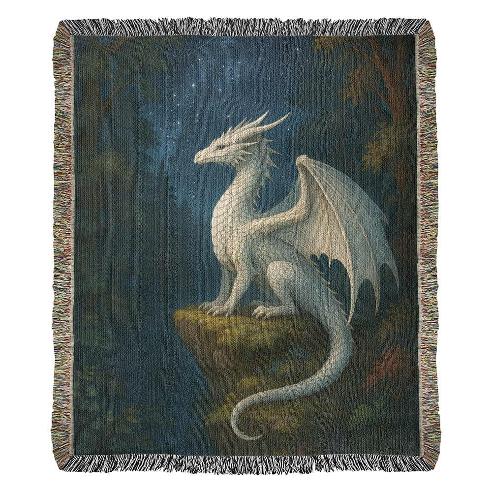 100% Cotton Woven Blanket – White Dragon Perched on Woodland Cliff under Stars