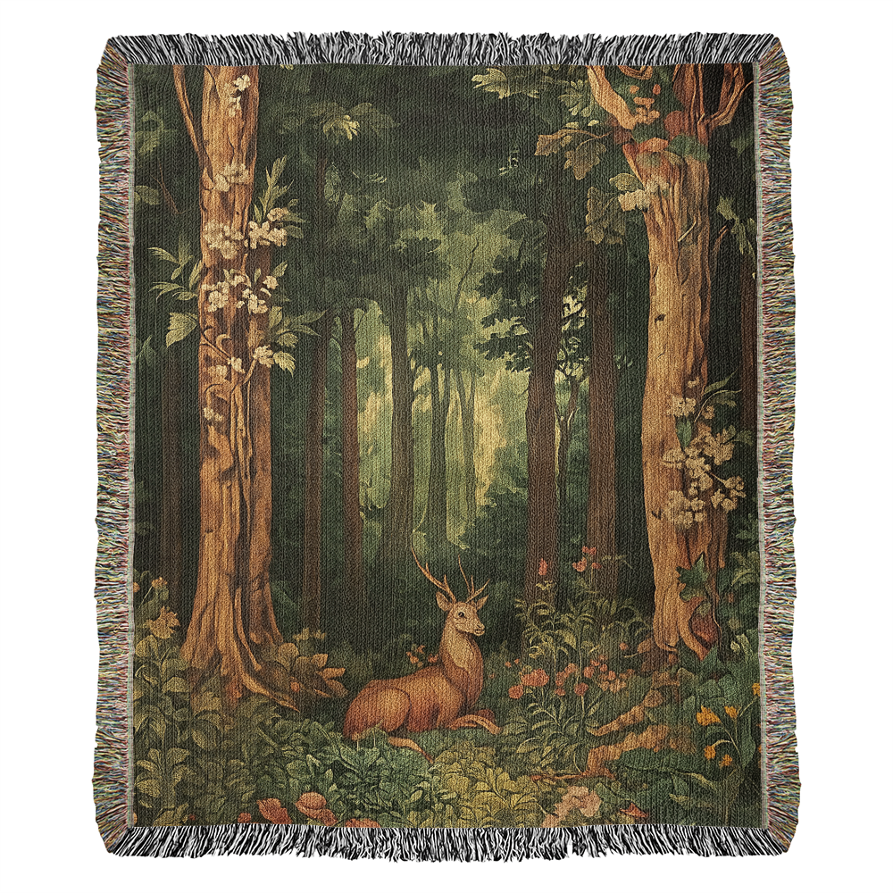 100% Cotton Woven Blanket – Enchanted Deer on Flowered Clearing in Woodland