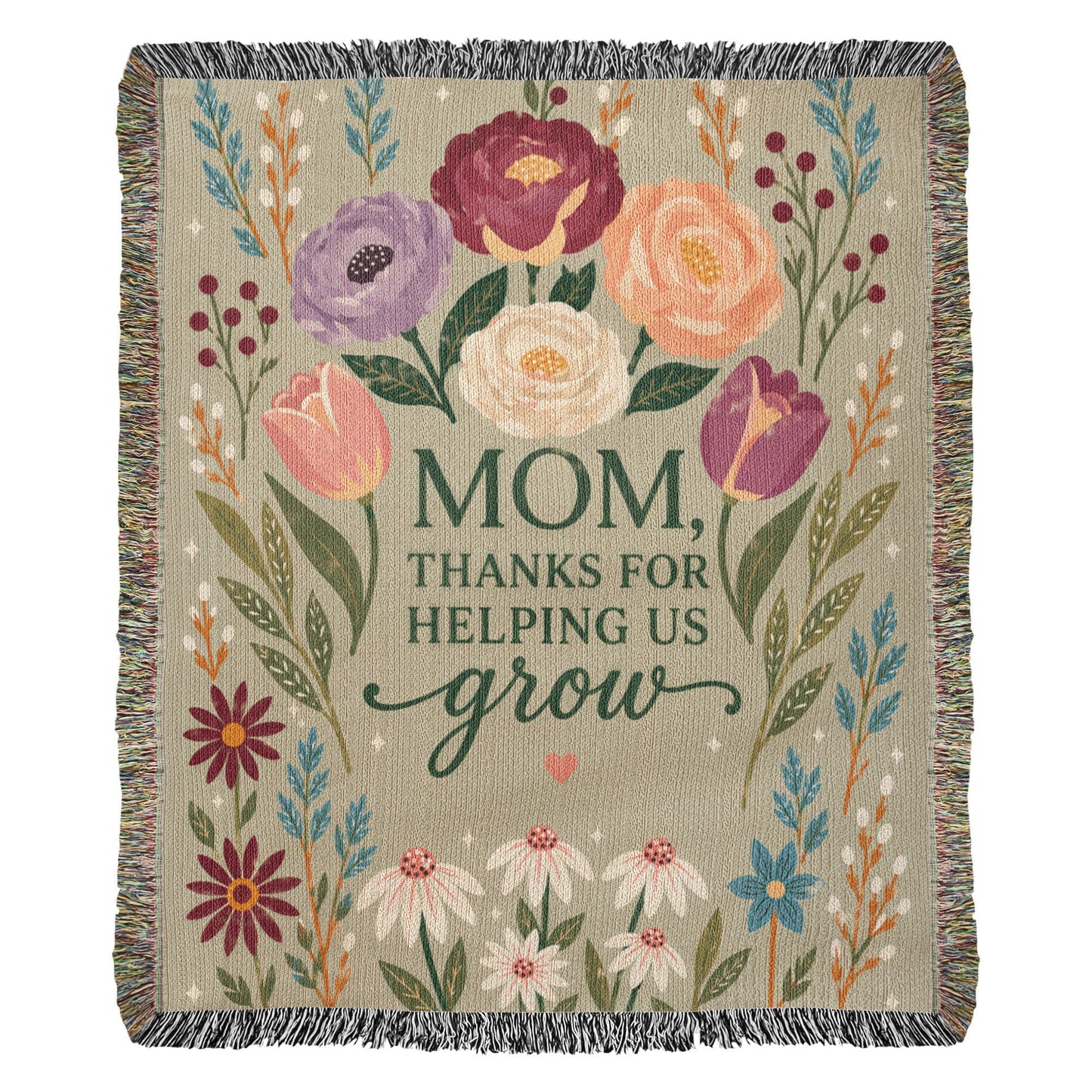 100% Cotton Woven Blanket – Mom Thanks for Helping Us Grow, Floral Mother's Day Throw, Gift for Mom