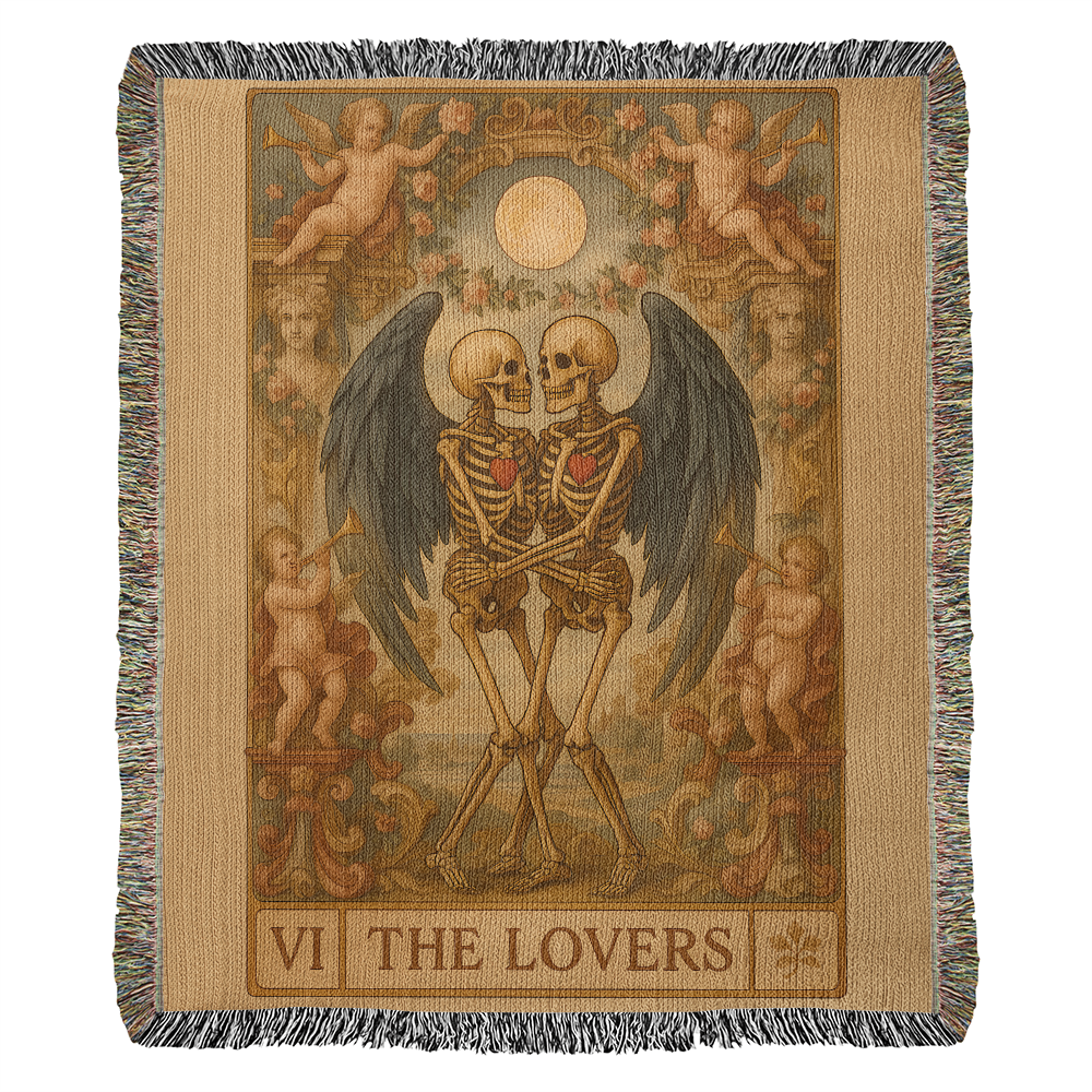 100% Cotton Woven Blanket – Gothic Skeleton Couple with Black Wings Surrounded by Cherubs, The Lovers Card Design