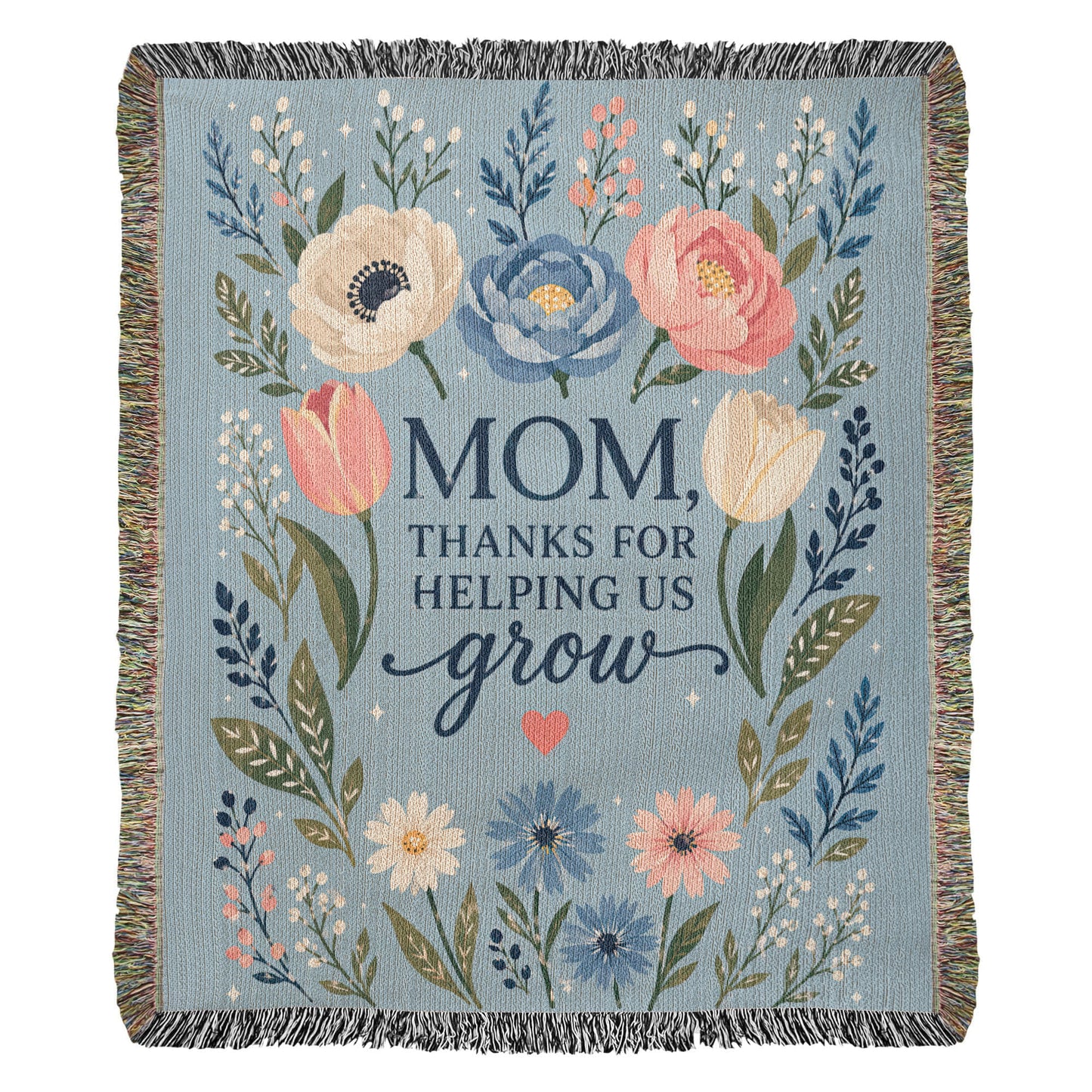 100% Cotton Woven Blanket – Mom Thanks for Helping Us Grow, Blue Floral Mother's Day Throw Gift