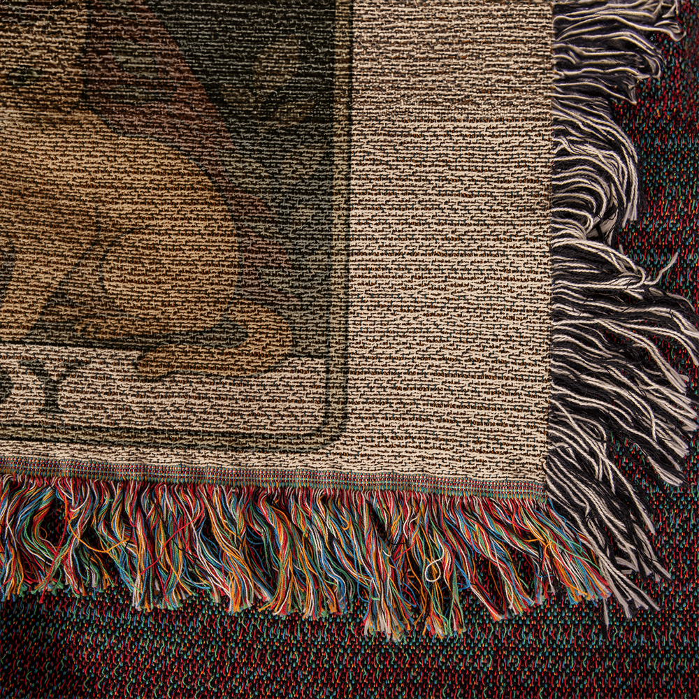 Premium Woven Cotton Throw – Skeleton Cat Lady Dressed in Red Roses with Four Cats, “Cat Lady” Card Artwork