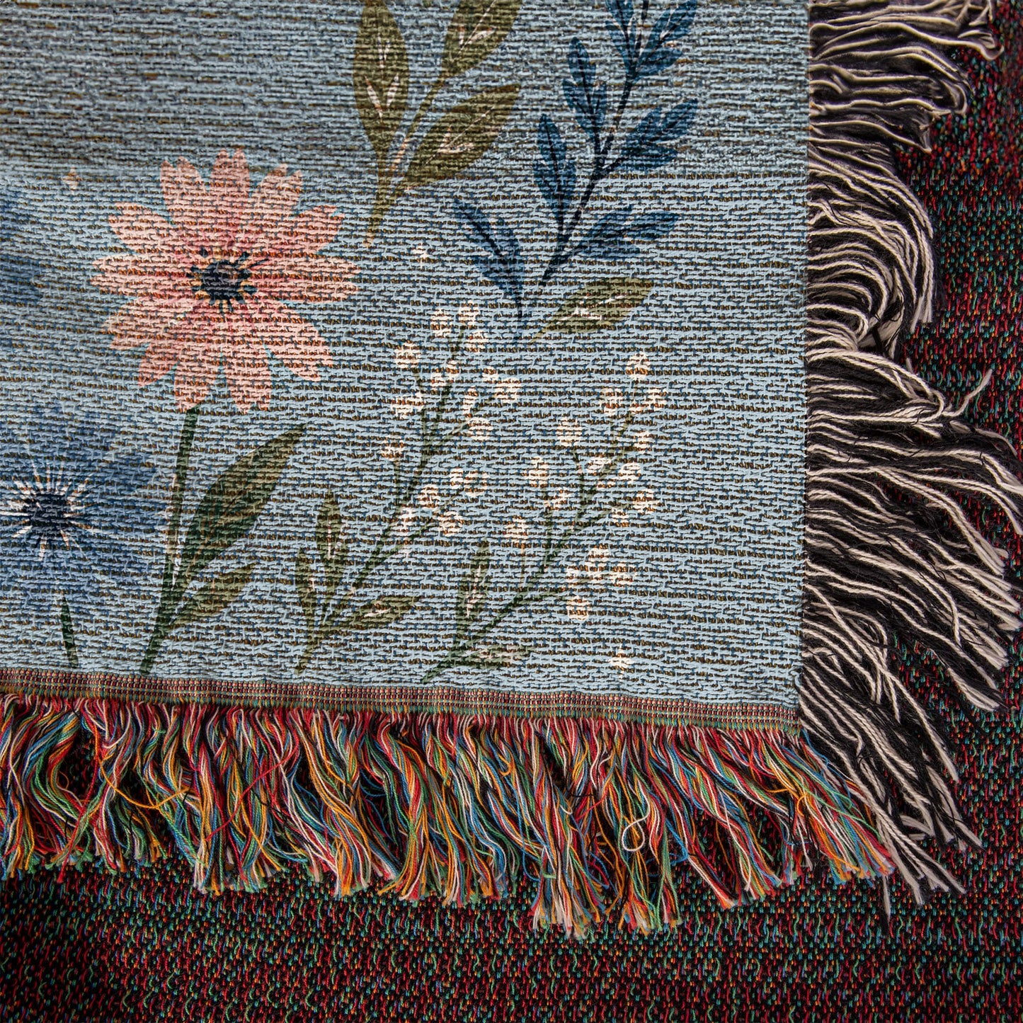 100% Cotton Woven Blanket – Mom Thanks for Helping Us Grow, Blue Floral Mother's Day Throw Gift