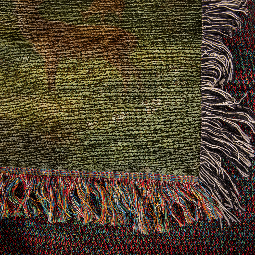Premium Woven Cotton Throw – Deer Gathering at Stream under Towering Tree