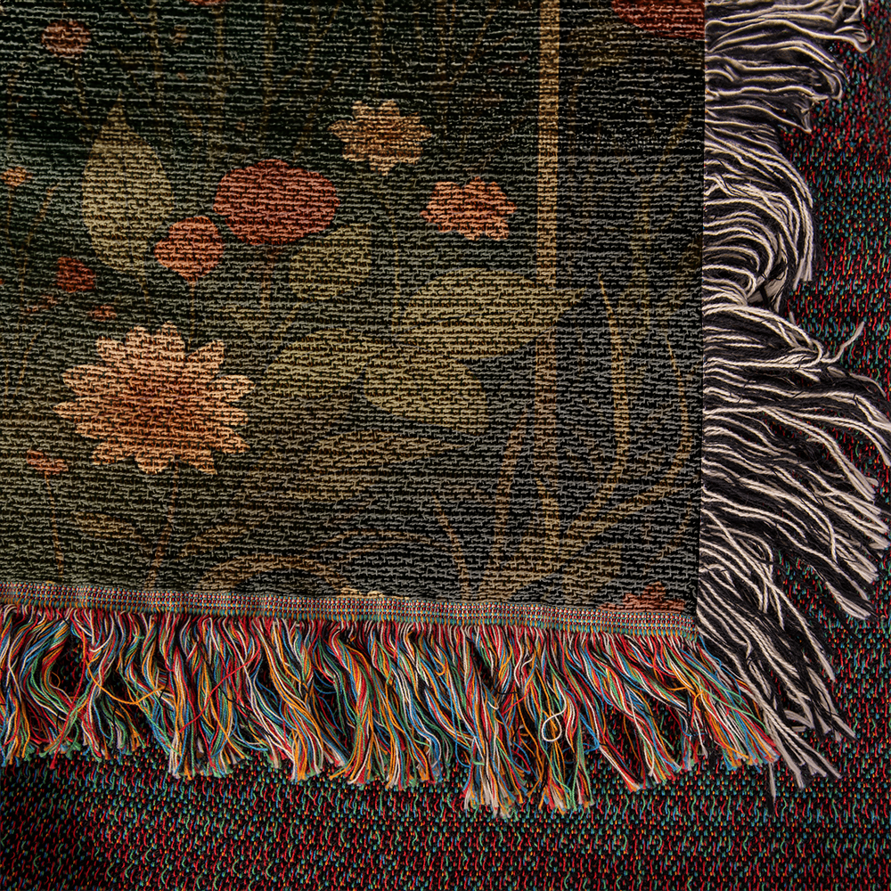 100% Cotton Woven Blanket – Enchanted White Deer with Mountain Clouds and Floral Accents