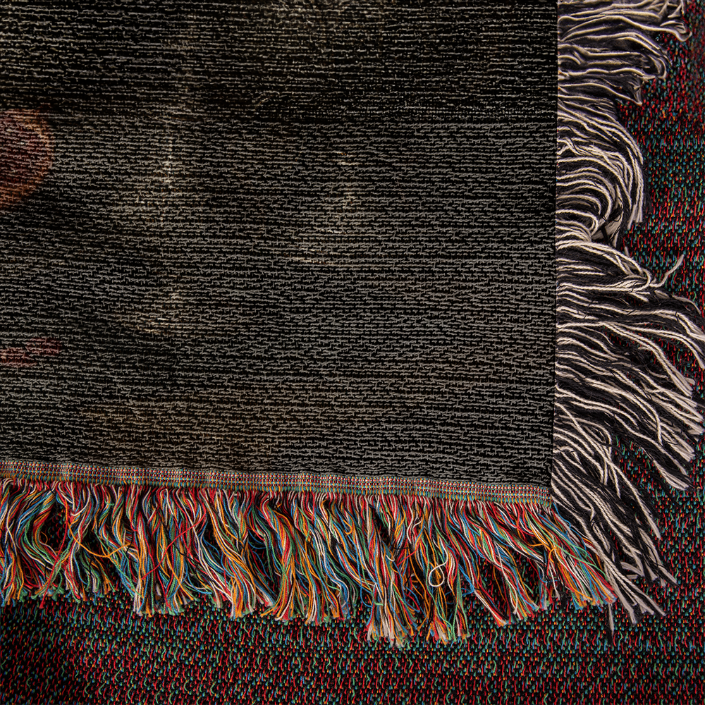 100% Cotton Woven Blanket – White Parrots on Table with Two Halved Pomegranates, Bronze Cup and Jug