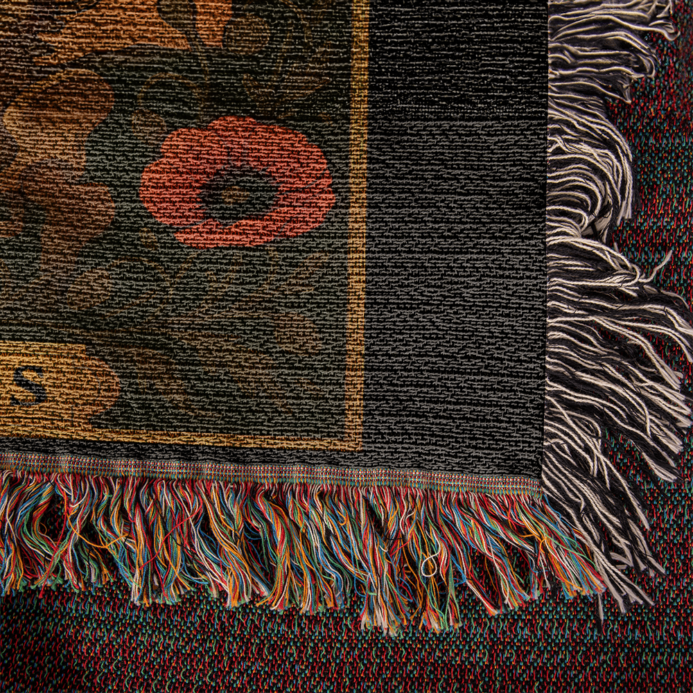 Premium Woven Cotton Throw – Skeleton Lovers with Poppy Garland Frame, Sunset Scene & The Lovers Caption