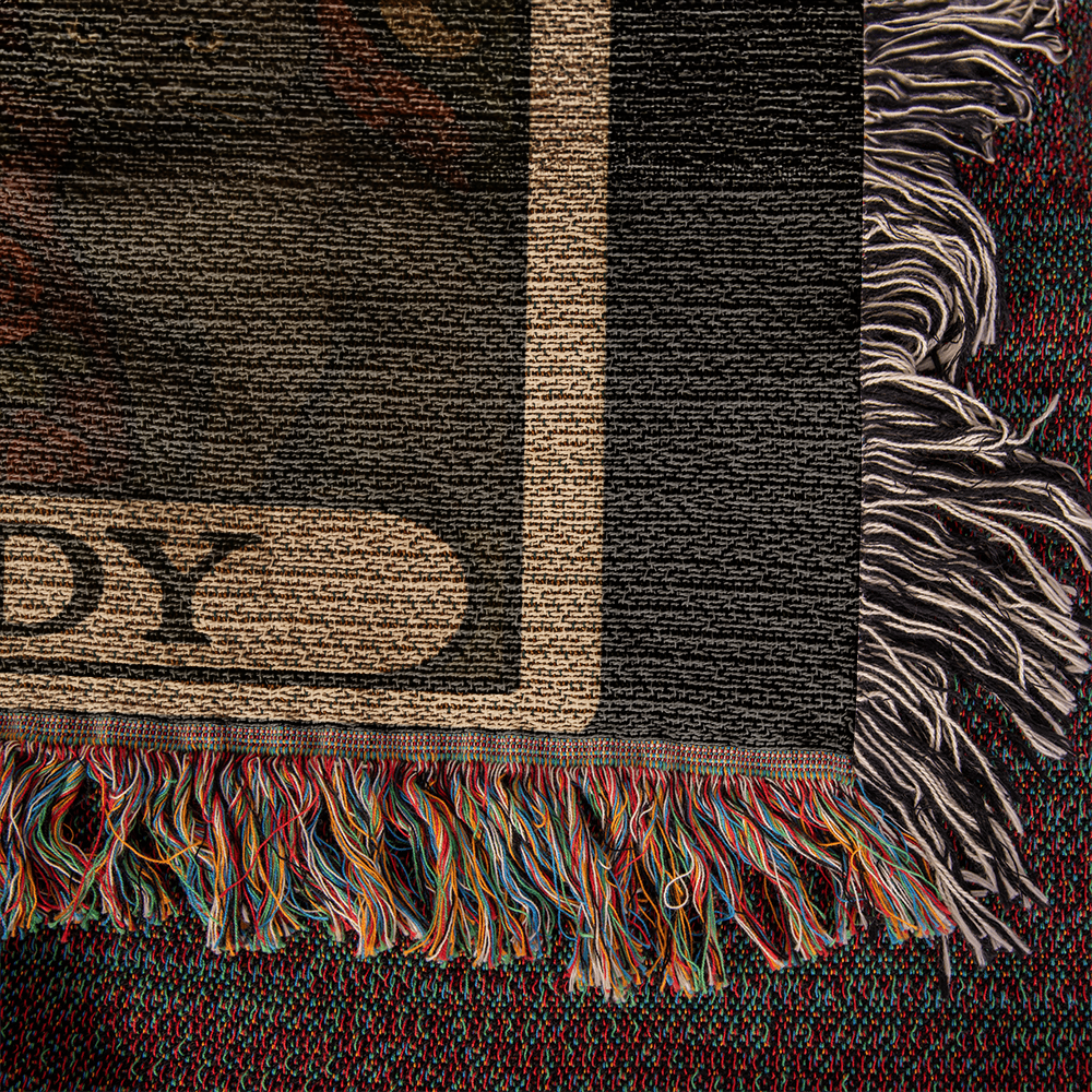 100% Cotton Woven Blanket – Gothic Skeleton Cat Lady Wearing Red Roses Gown with Four Cats, Cat Lady Card Style